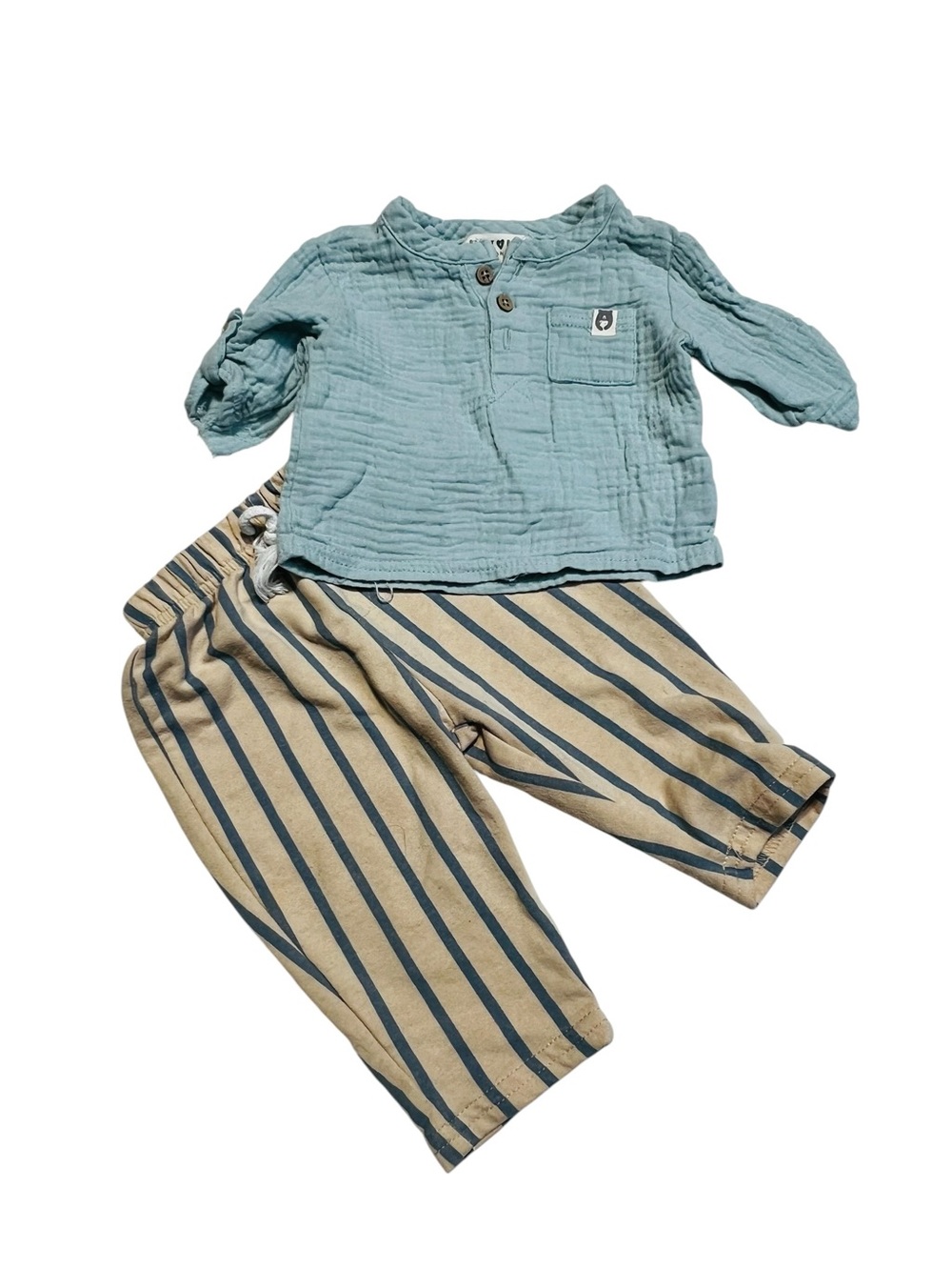 Organic cotton Two-Piece Matching Set in Seafoam Green Top and Tan Stripe Pants